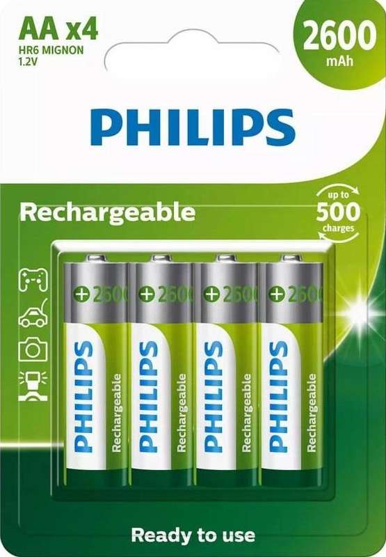 Philips Eco-Friendly Rechargeable AA Batteries (4-Pack) 2600mAh for Long-Lasting Power