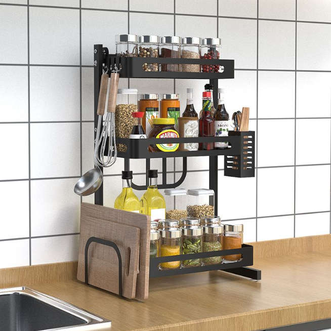 Silkinder 3-Tier Spice Rack  Free-Standing, Multifunctional Kitchen Organizer - Black