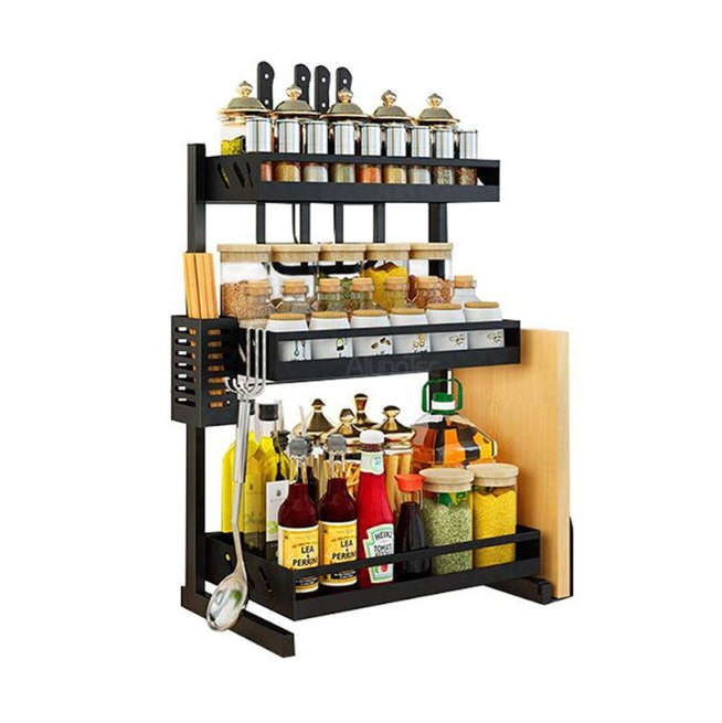 Silkinder 3-Tier Spice Rack  Free-Standing, Multifunctional Kitchen Organizer - Black