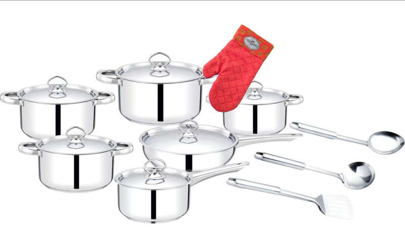 15-Piece Premium Heavy-Bottom Stainless Steel Cookware Set including Black Oven Mitt with Shwe-Sh...