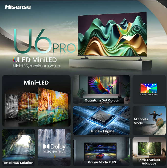 Hisense 55U6N-PRO 55'' 60HZ Mini ULED Smart TV; Quantum Dot Colour;Dolby Vision IQ; Dolby Atmos®...