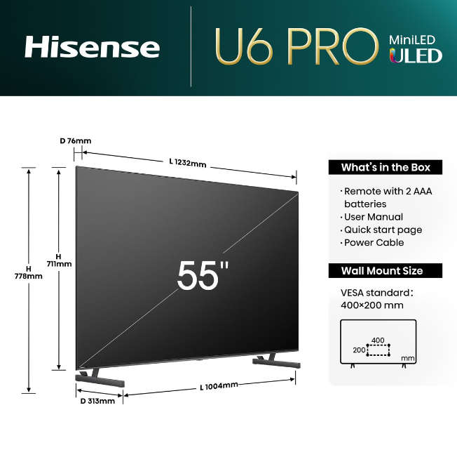 Hisense 55U6N-PRO 55'' 60HZ Mini ULED Smart TV; Quantum Dot Colour;Dolby Vision IQ; Dolby Atmos®...