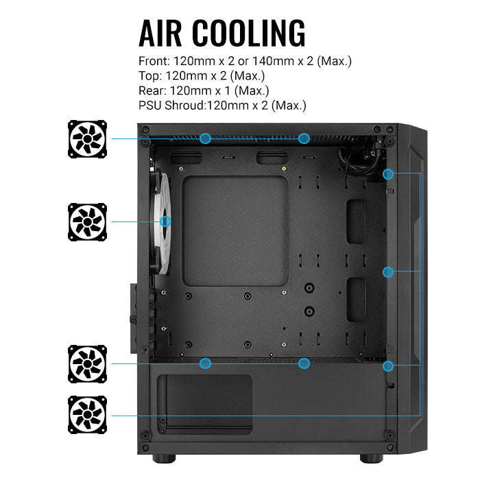 Aerocool Trinity Mini Black tower case - 2x 140mm and 1x 120mm RGB included - Micro ATX - 2x3.5''...