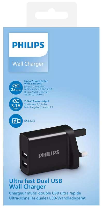 Philips Wall Charger 2-port USB - Compatible with most USB devices