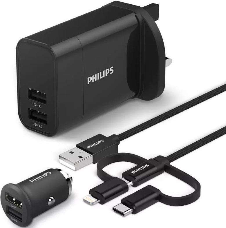 Philips USB Car and Wall Charger Kit with 3-in-1 Cable - Fast Charging for Smartphones and Tablets