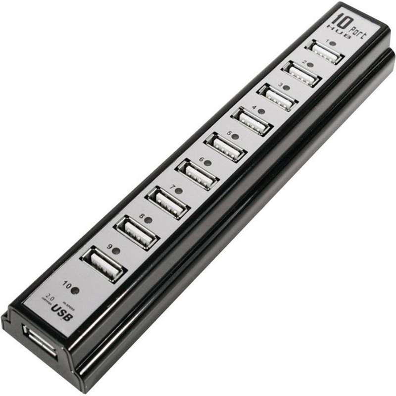 Microworld 10 Port USB 2.0 Hub with AC Adapter - High Speed Data Transfer