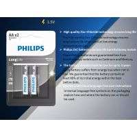 Philips LongLife AA Zinc Carbon Batteries 2 Pack Everyday