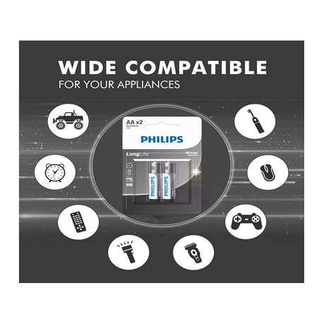 Philips LongLife AA Zinc Carbon Batteries 2 Pack Everyday