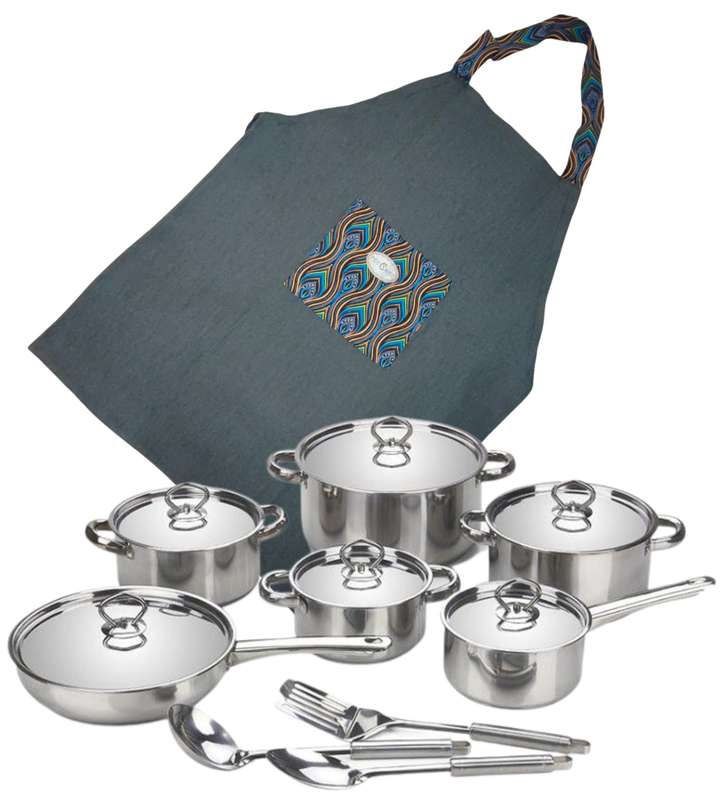 African Elegance: 15-Piece Mirror Finish Stainless Steel Cookware Set with Heavy-Bottom Design