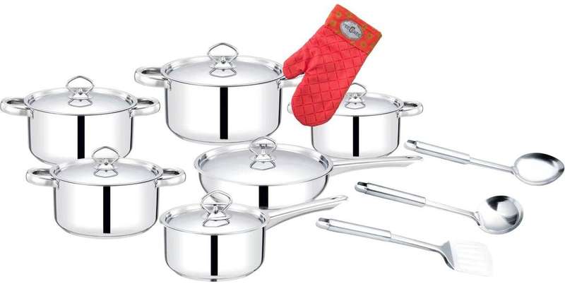 5-Piece Mirror Finish Heavy-Bottom Stainless Steel Cookware Set including Handmade Red Oven Mitt ...
