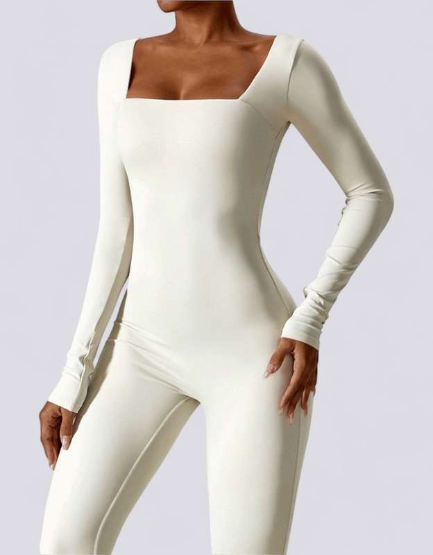 Bodycon Jumpsuit - Long Sleeve Leg Long - Beige