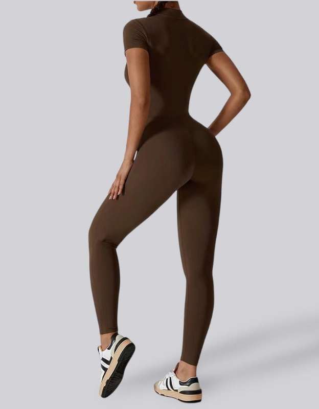 Font Zip-Up Activewear Jumpsuit - Coffee Brown
