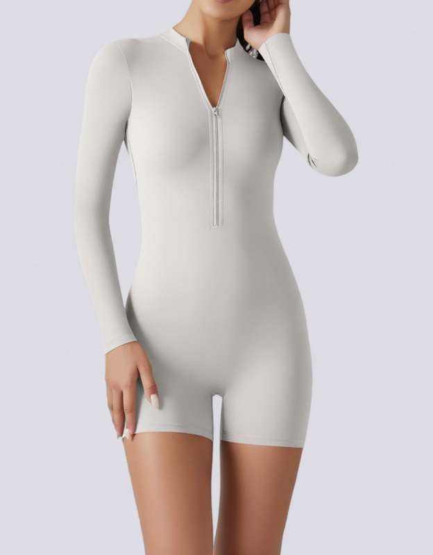 Half Zipper Jumpsuit Shorts Long Sleeve - Beige