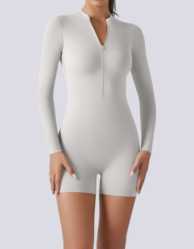 Half Zipper Jumpsuit Shorts Long Sleeve - Beige