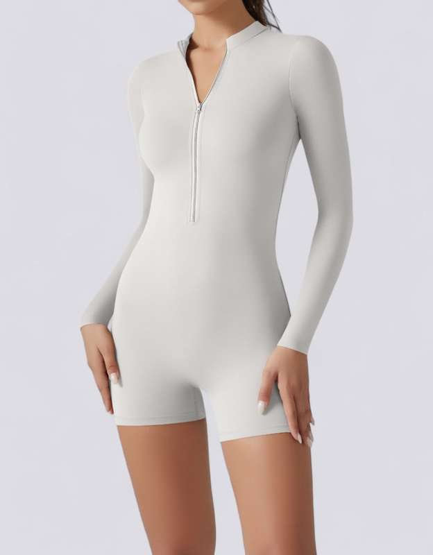 Half Zipper Jumpsuit Shorts Long Sleeve - Beige