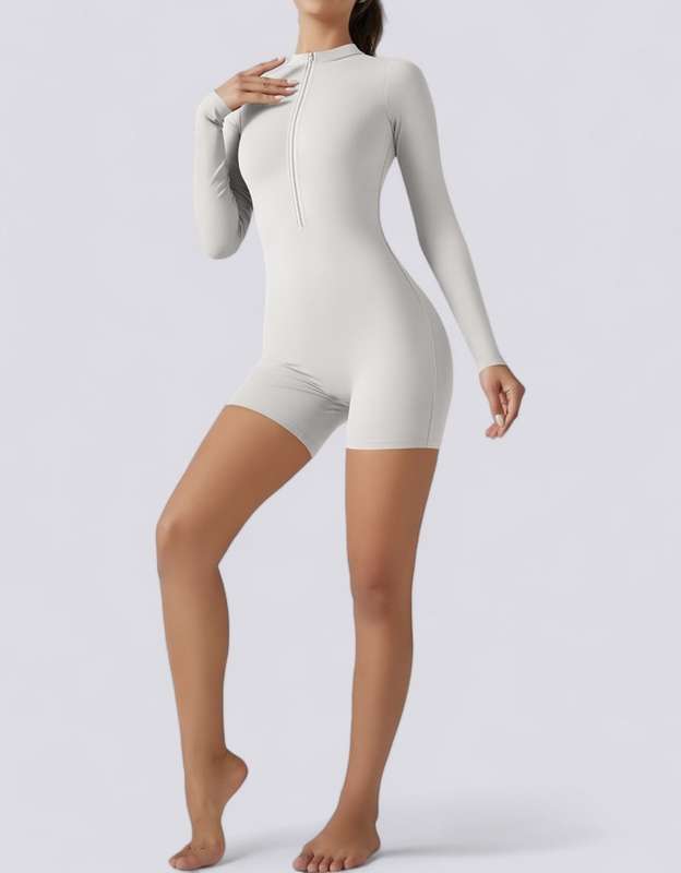 Half Zipper Jumpsuit Shorts Long Sleeve - Beige