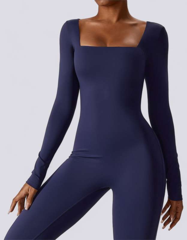 Long Sleeve Bodycon Jumpsuit - Navy Blue
