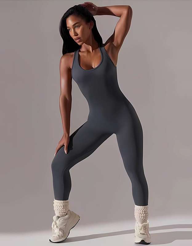 Ribbed Racerback Seamless Jumpsuit - Smoke Grey