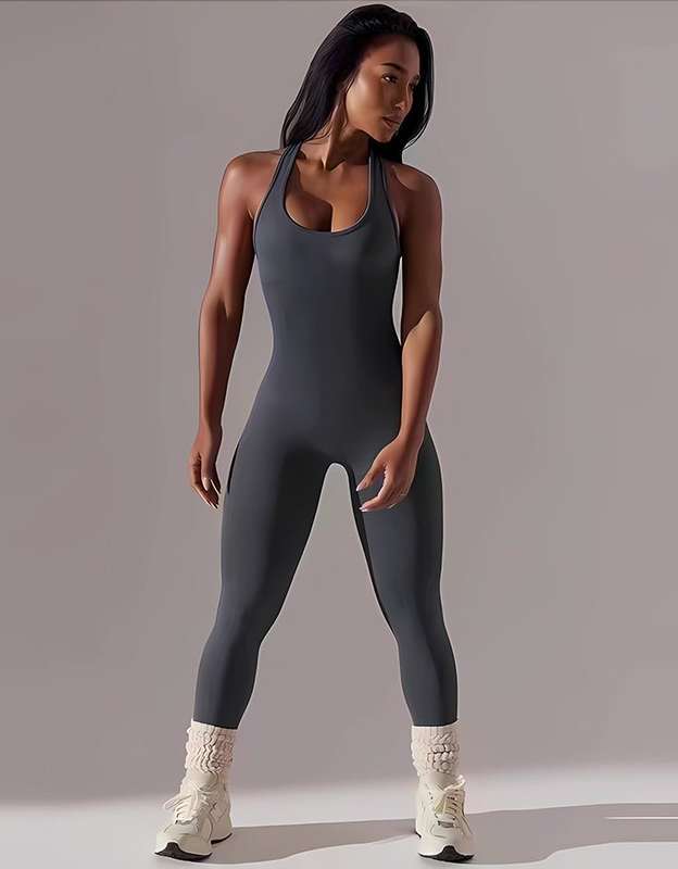 Ribbed Racerback Seamless Jumpsuit - Smoke Grey