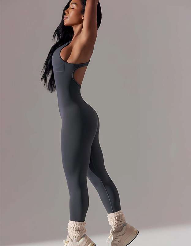 Ribbed Racerback Seamless Jumpsuit - Smoke Grey