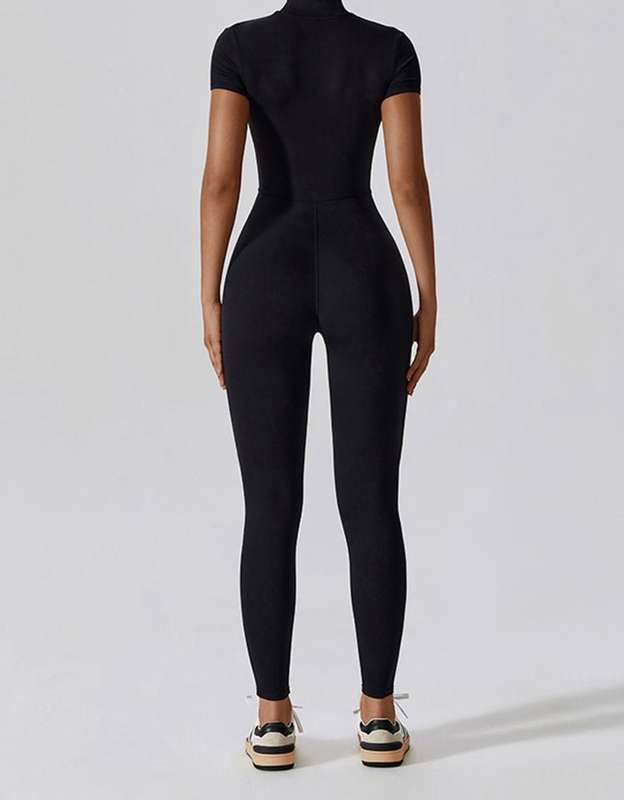 Short Sleeved Zip Up Yoga Jumpsuit - Midnight Black