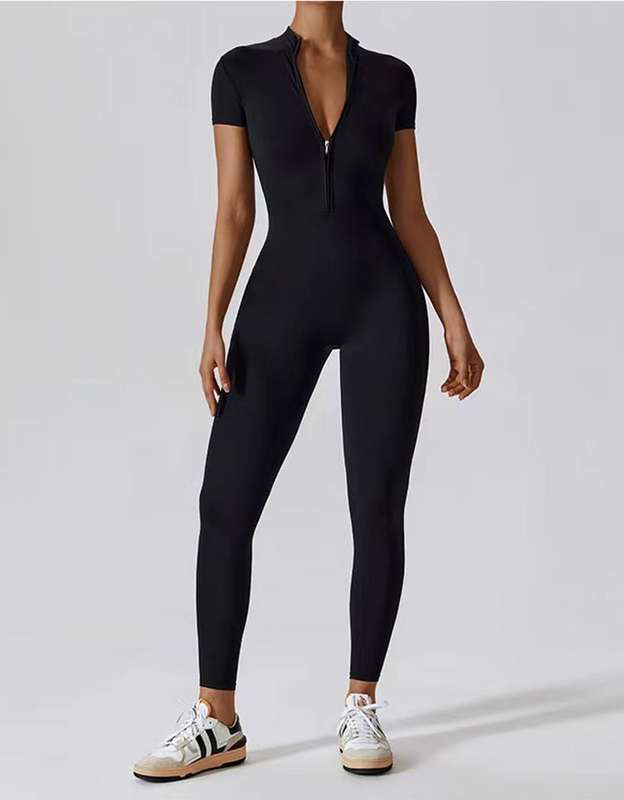 Short Sleeved Zip Up Yoga Jumpsuit - Midnight Black