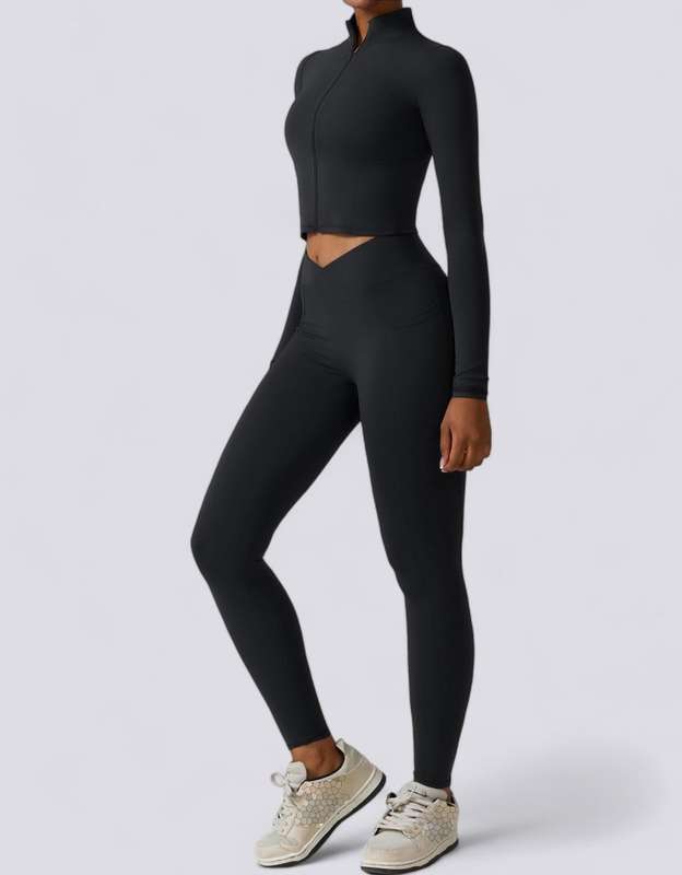 Women's Athletic Yoga Set - Long-Sleeve Crop Top Sports Jacket & Leggings