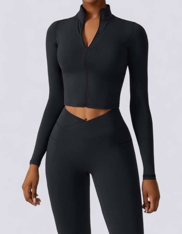 Women's Athletic Yoga Set - Long-Sleeve Crop Top Sports Jacket & Leggings