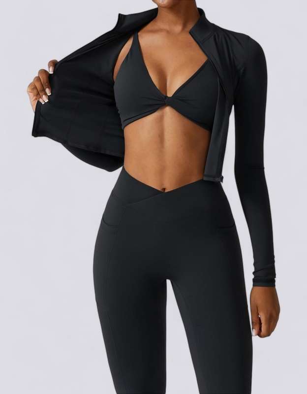 Women's Athletic Yoga Set - Long-Sleeve Crop Top Sports Jacket & Leggings