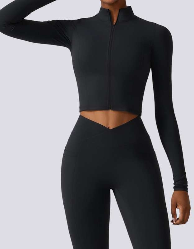 Women's Athletic Yoga Set - Long-Sleeve Crop Top Sports Jacket & Leggings