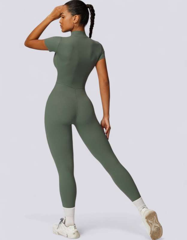 Women's Jumpsuit Short Sleeved Zip Up - Army Green