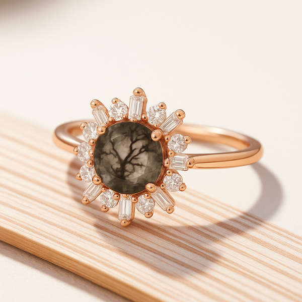 Halo Marquise Moss Agate Ring