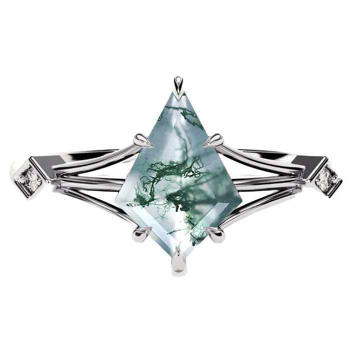 S925 Split Shank Kite Cut Natural Moss Agate with Moissanite