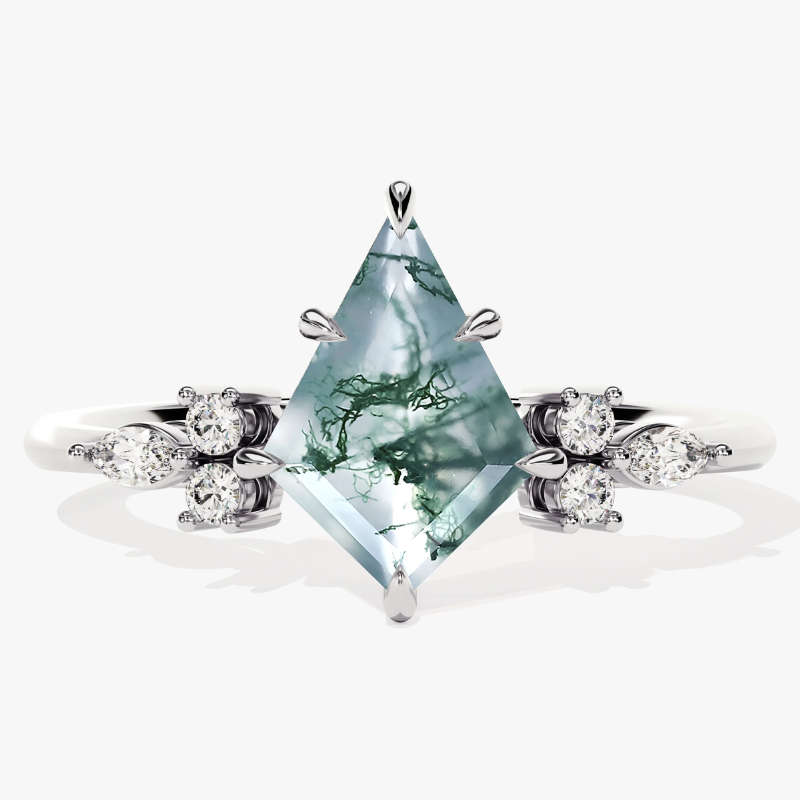 S925 Kite Cut Natural Moss Agate with Moissanite Marquise Side Ring