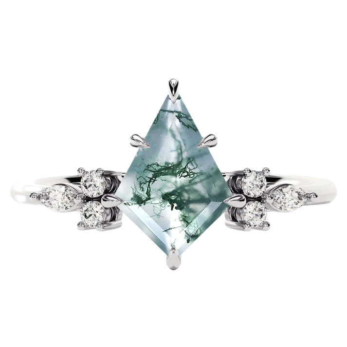 S925 Kite Cut Natural Moss Agate with Moissanite Marquise Side Ring