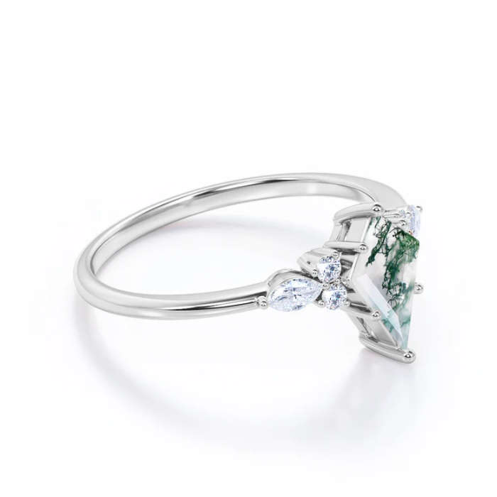 S925 Kite Cut Natural Moss Agate with Moissanite Marquise Side Ring