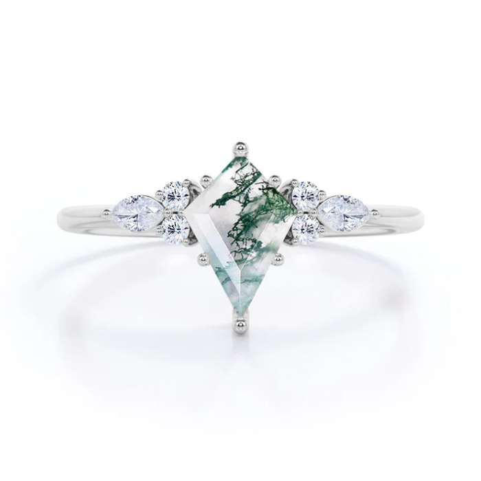 S925 Kite Cut Natural Moss Agate with Moissanite Marquise Side Ring