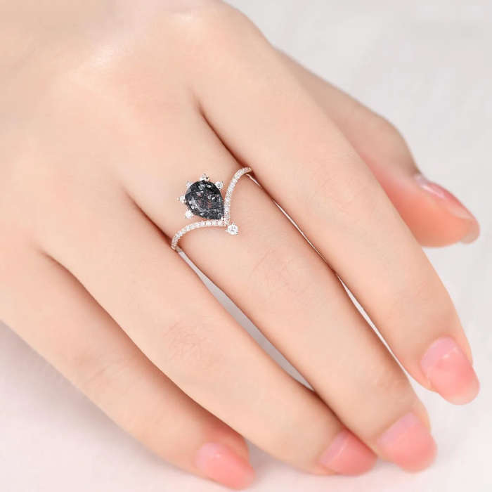Pear Cut Wish Bone Engagement Black Rutilated Quartz Ring