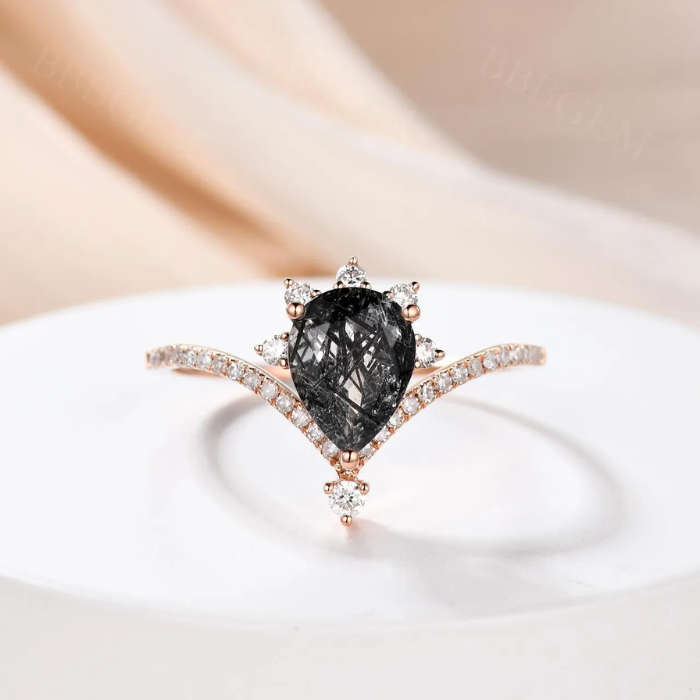 Pear Cut Wish Bone Engagement Black Rutilated Quartz Ring