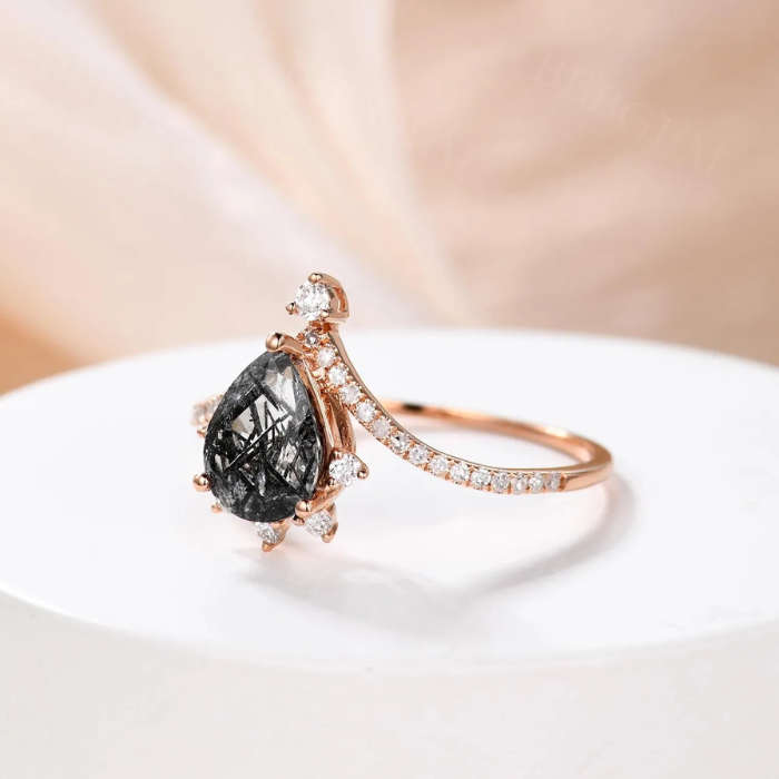 Pear Cut Wish Bone Engagement Black Rutilated Quartz Ring