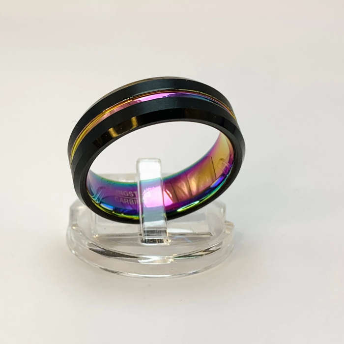Black Tungsten Carbide Ring with Rainbow Inner and Line
