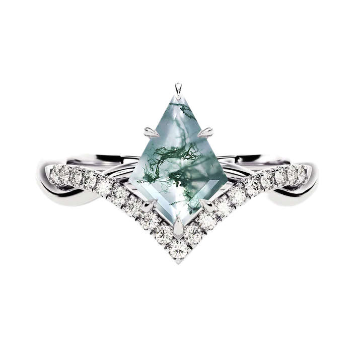 S925 Kite Cut Natural Moss Agate with Moissanite V Band
