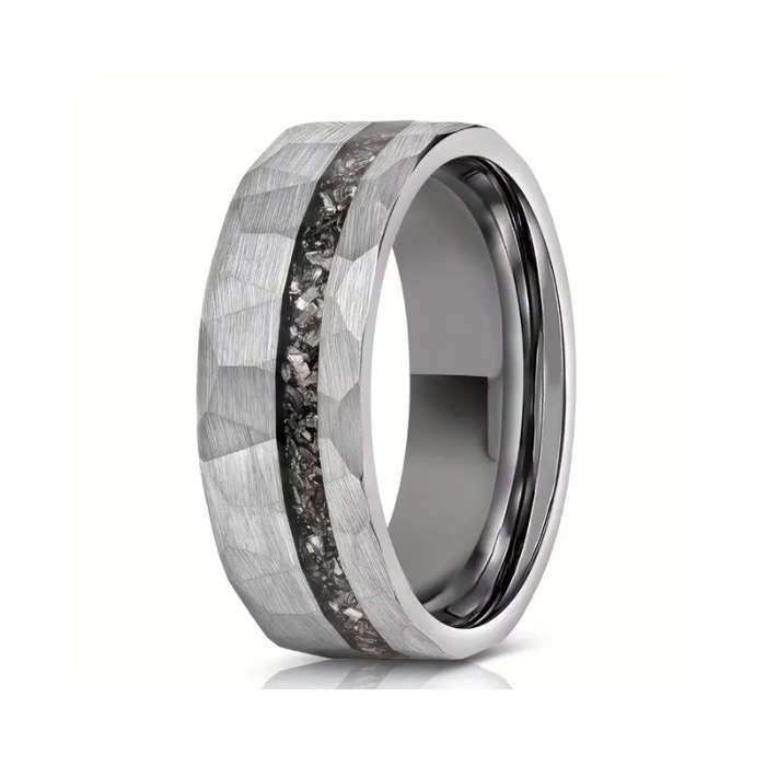 Silver Hammered Tungsten Carbide Ring with Meteorite Inlay