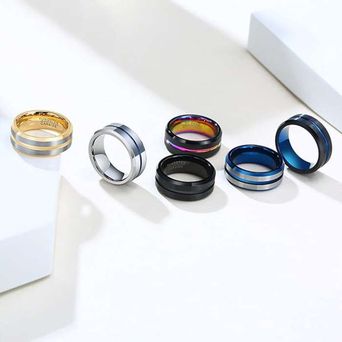 Black Tungsten Carbide Ring with Rainbow Inner and Line