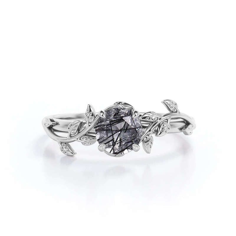 Black Rutilated Quartz 1,25ct Silver Leaf Solitaire