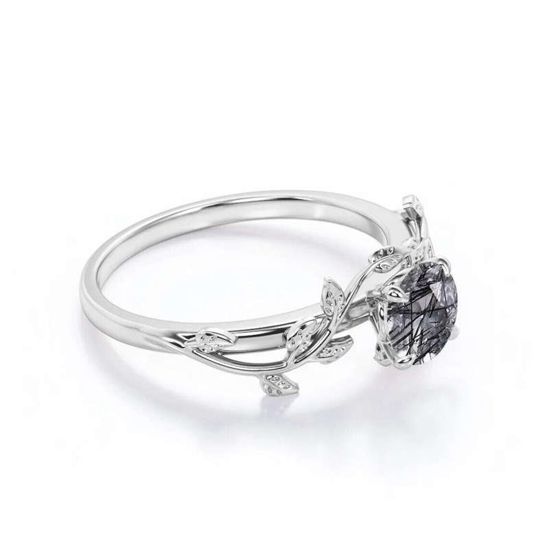 Black Rutilated Quartz 1,25ct Silver Leaf Solitaire