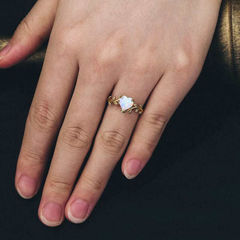 Heart Cut Natural Moonstone Leaf Engagement Ring