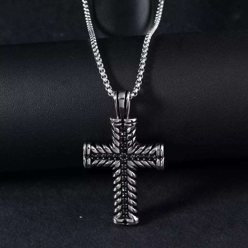Black Stone Cross in Stainless Steel