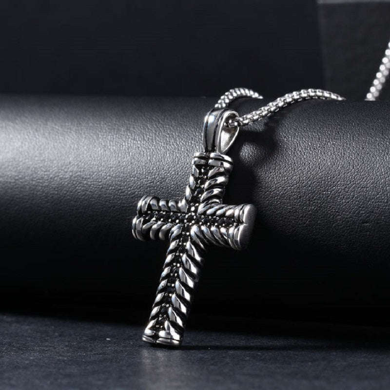 Black Stone Cross in Stainless Steel