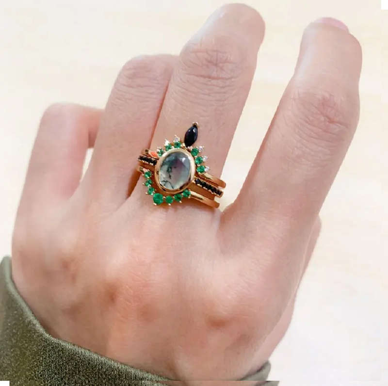 Dhia Moss Agate Oval Ring Twin Set